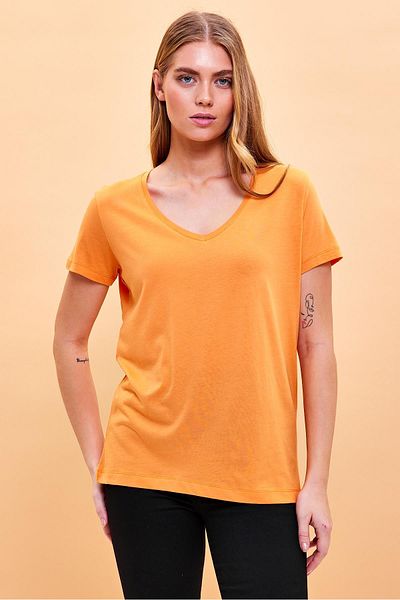 VENA Tricou modal cu decolteu în V portocaliu Boyfriend pentru femei (Lyocell)