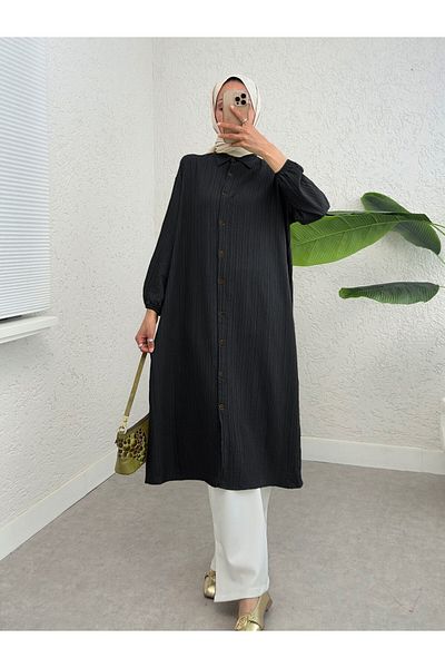 Modamorfo Long Crinkle Tunic with Buttons and Elastic Sleeves - Black