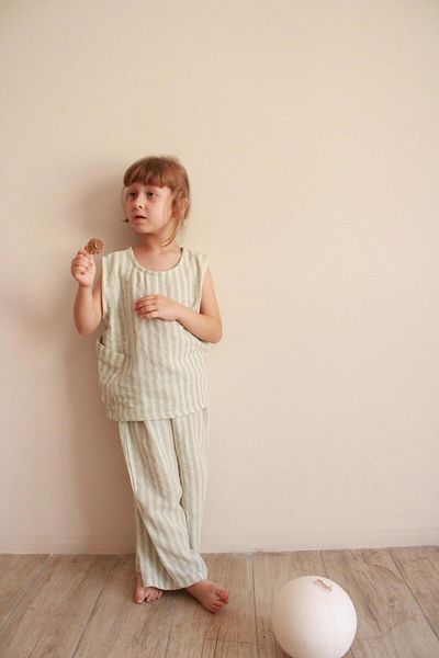 Oh La La Koala For Little Ones Green Striped Asymmetrical Pocketed Muslin Suit