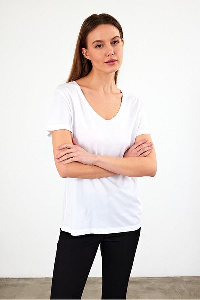 VENA Tricou modal alb cu decolteu în V pentru femei Boyfriend (LYOCELL)