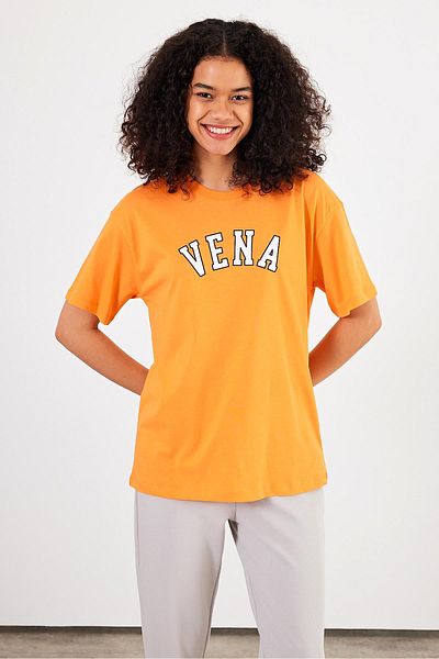 VENA Tricou de damă Vena Jeans cu imprimeu portocaliu cu decolteu rotund cu croiala normală