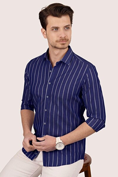 Etikmen Ανδρικό πουκάμισο σε συσκευασία δώρου Navy Blue White ριγέ Slimfit