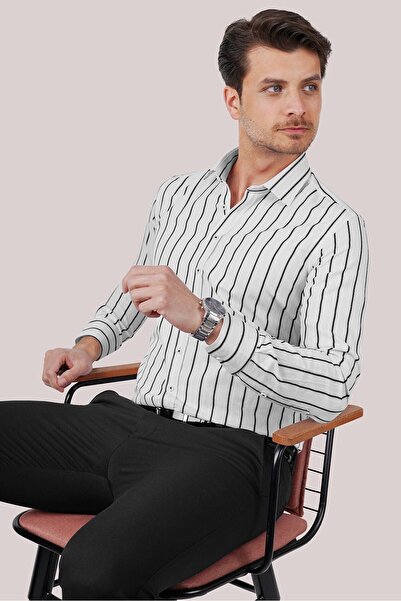 Etikmen Λευκό μαύρο ριγέ ανδρικό πουκάμισο σε συσκευασία δώρου