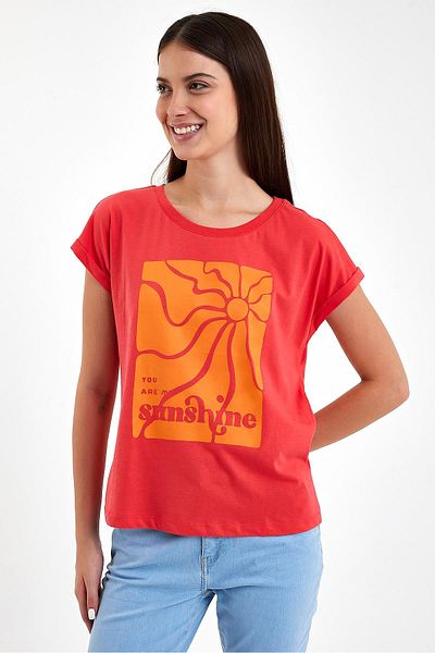 VENA Sunshine Coral Printed Women's T-Shirt - Crew Neck, Regular Fit