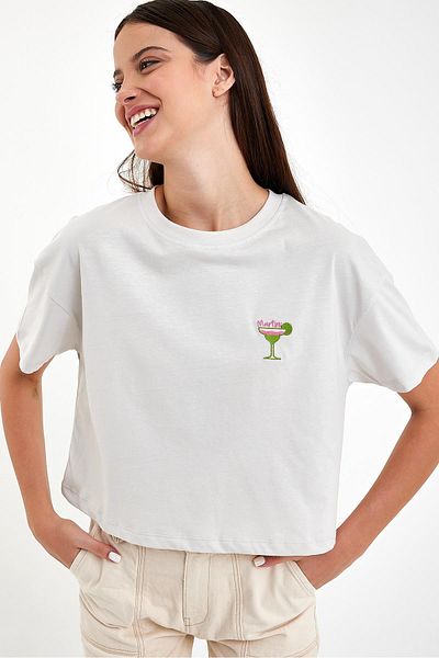 VENA Γυναικείο T-Shirt Crew Neck Crop - Κέντημα Martini Stone