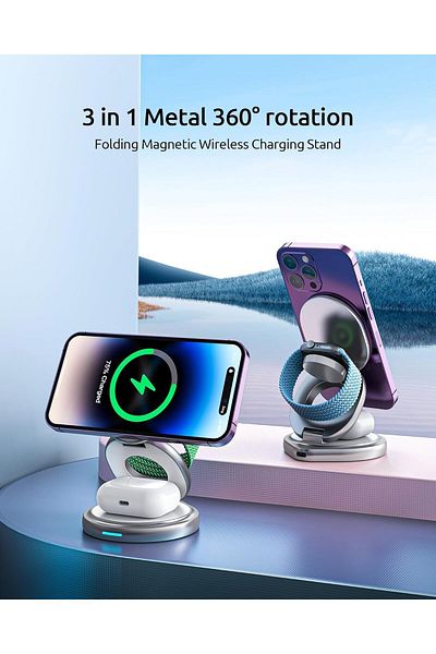 Glassology 3 In 1 Foldable Magsafe Wireless Charger 15w Fast Charging For Apple Grey
