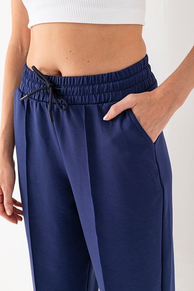 Warasiva Pantaloni de damă, albastru bleumarin, din țesătură modal, model balon, cu nervuri în față, pantaloni confortabili