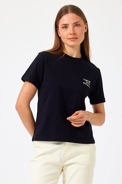 VENA Tricou negru cu imprimeu text pentru damă - Gât crew