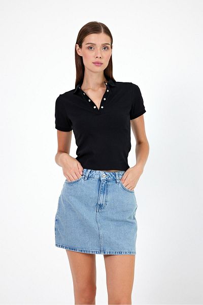 VENA Tricou cu mânecă scurtă, negru, cu gât polo, Jessica