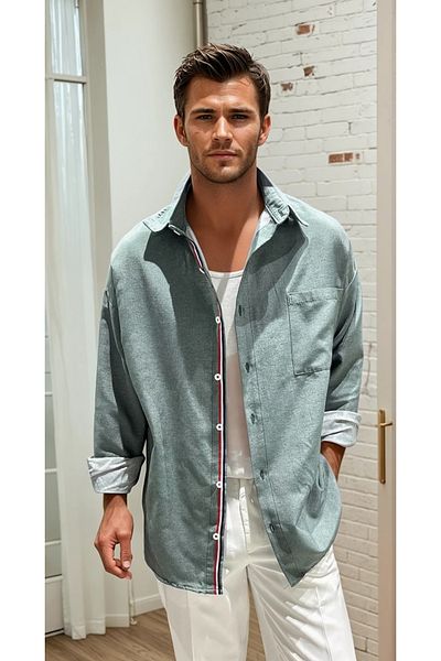 King Brothers Βαμβακερό καλοκαιρινό λεπτό ύφασμα ριγέ Oversize ανδρικό πουκάμισο με τσέπες πράσινο