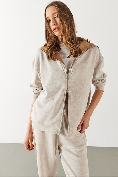 VENA Women's Polo Neck Long Jacket with Zipper Front and Contrast Piece - Ecru Melange