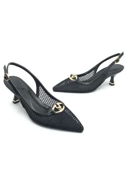 KOCAMANLAR Feles Lace Detailed Open Back Stiletto Women's Heeled Shoes Black
