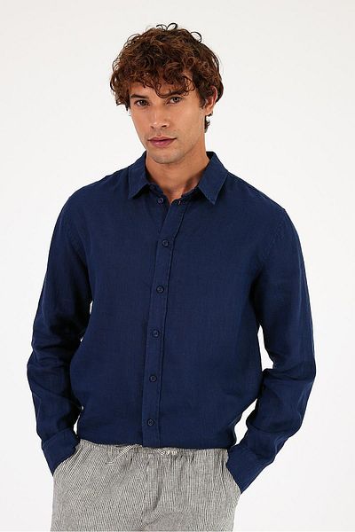 VENA Ανδρικό λινό πουκάμισο - Nicolas Navy, Regular Fit