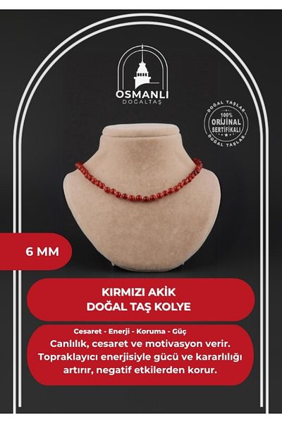 OSMANLI DOĞAL TAŞ قلادة معقودة من العقيق الأحمر المعتمد مقاس 6 مم