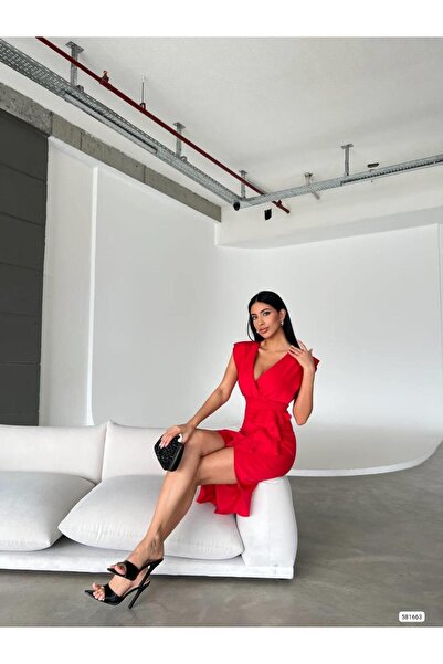 Vorre Scuba Kumaş Önü Fırfırlı Kırmızı Davet Elbisesi