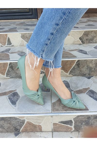 Moda Line Mint Green Skin Leather Self-Bow Women's Heeled Shoes (Number 1 Tight Fit)