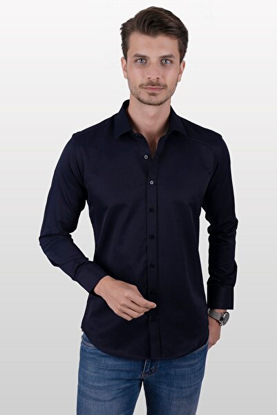 Etikmen Slimfit sötétkék szatén férfi ing - ajándékdobozban