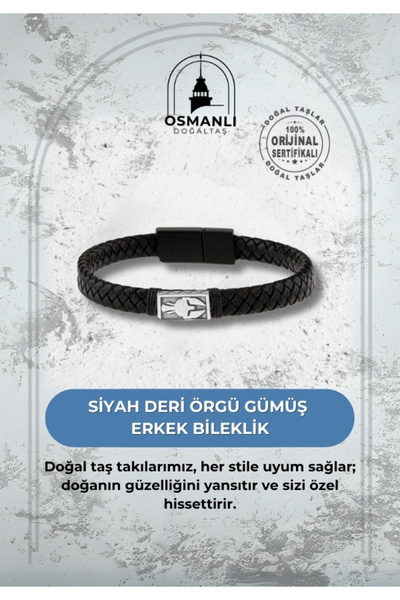 OSMANLI DOĞAL TAŞ سوار رجالي من الجلد الأسود الفضي