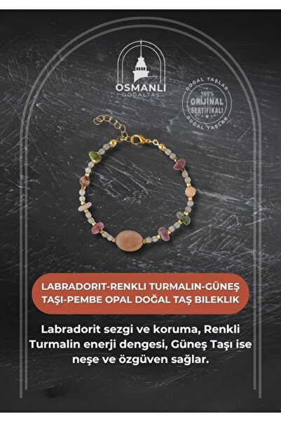 OSMANLI DOĞAL TAŞ لابرادوريت-لون التورمالين-حجر الشمس-أوبال وردي سوار من الحج...