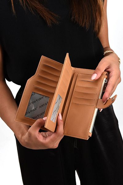 Just Polo Large Size Horizontal Model Zippered and Covered Women's Wallet Suitable for Daily Use 1001 tan