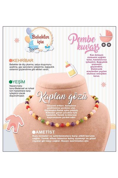 OSMANLI DOĞAL TAŞ Certified Natural Stone Baby Necklace - Amber, jade, tiger eye, amethyst, pink Quartz