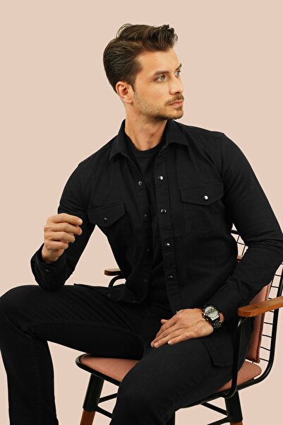 Etikmen Μαύρο ανδρικό πουκάμισο Slimfit Real Denim
