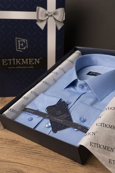 Etikmen Candy Blue Satin Slimfit ανδρικό πουκάμισο με κουτί δώρου