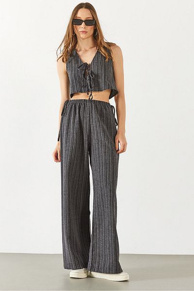 VENA Linen Look Elastic Waist Trousers - Black