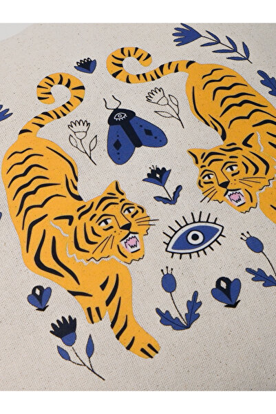 Galia Tasarım Tiger Charm Tiger & Evil Eye Motif Linen Throw Pillow Cover 45X45 cm