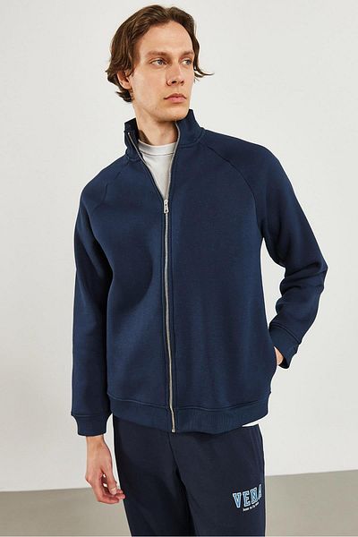 VENA Ανδρικό φούτερ με όρθιο γιακά Navy Blue Oversize με φερμουάρ μπροστά