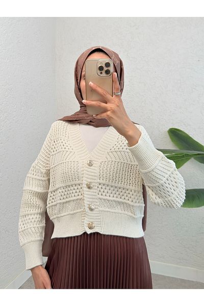 Modamorfo Openwork Buttoned Knitwear Cardigan -Cream