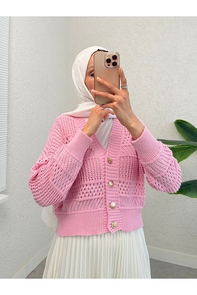 Modamorfo Openwork Buttoned Knitwear Cardigan -Pink