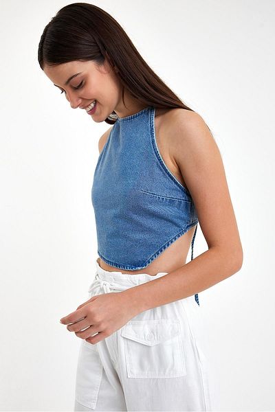 VENA Top Lolita pentru damă din denim albastru Med - cu cravată fără spate