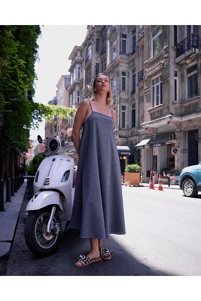 VENA Φόρεμα Felix Navy Blue Linen - Βασικό μοντέλο με λεπτές τιράντες