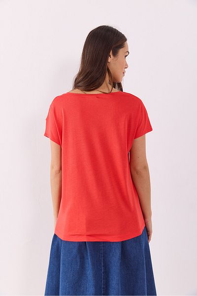 VENA Elsa Crew Neck Shoulder Detailed Modal T-Shirt(Tencel)(Tm) - Coral