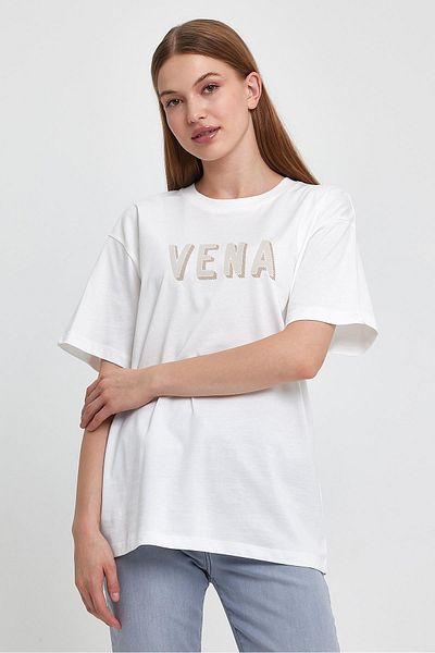VENA Γυναικείο μπλουζάκι με λογότυπο Crew Neck με στάμπα Oversize - Ivory
