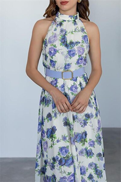 Dipmoda detaliu la curea Rochie personalizată din șifon cu model lungime midi...