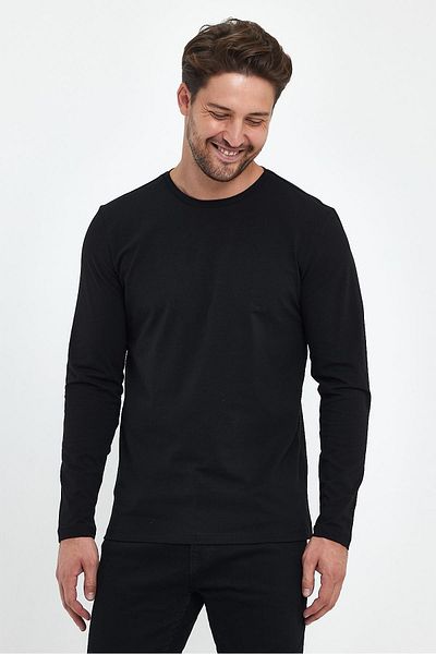 VENA Μπλουζάκι Nick Crew Neck Slim Fit μακρυμάνικο Basic - Μαύρο