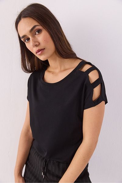 VENA Tricou modal cu detaliu pe umeri Elsa (TENCEL)(TM) - NEGRU