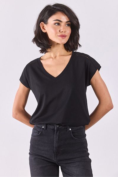 VENA Tricou modal cu decolteu în V Khloe, cu detaliu din dantelă (TENCEL)(TM) - NEGRU
