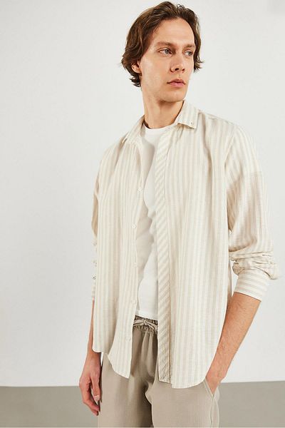 VENA Ανδρικό πουκάμισο Steven Regular Fit Beige ριγέ Oxford