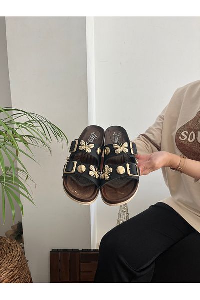 Behtah Kundura Black Butterfly Stone Stylish Design Soft Orthopedic High Sole Daily Slippers