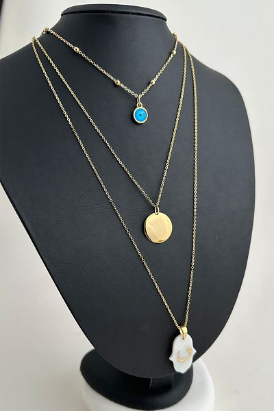Modex Gold Color Pearlescent Vav Written Triple Necklace