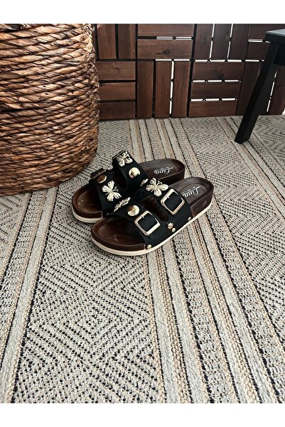 Behtah Kundura Siyah Kelebek Taşlı Şık Tasarım Yumuşak Ortopedik Yüksek Tabanlı Günlük Terlik