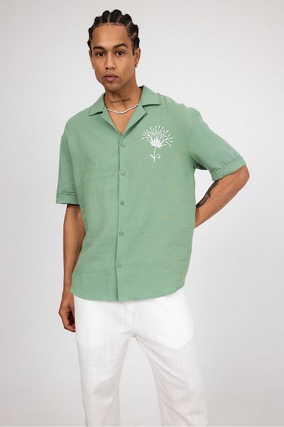 SUN STYLE Πουκάμισο από λινό μουσελίνα Oversize με λεπτομέρεια κεντήματος μπροστά-πίσω