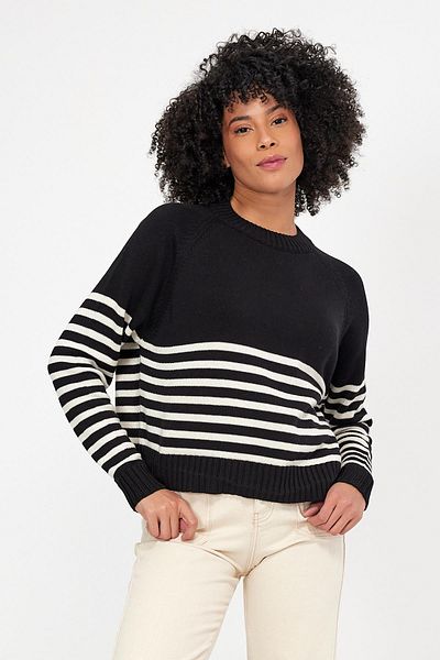 VENA Pulover tricotat cu dungi Marry Crew Deck - Negru