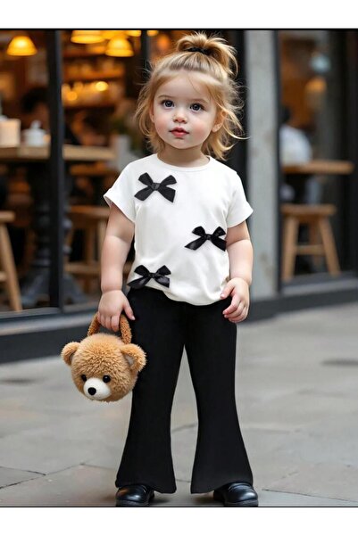 MORNİNG KİDS Dívčí 3dílná sada bílého trička s detailem stuhy a černých španě...