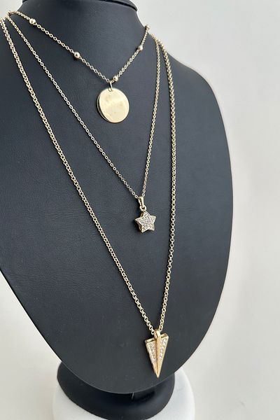 Modex Gold Triple Necklace with Gold Color Stone Triangle Geometric Shape
