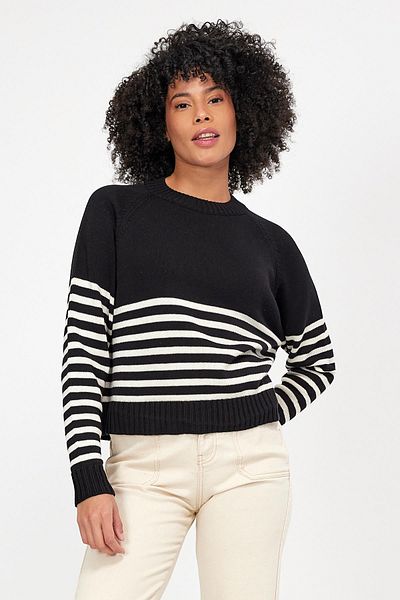 VENA Pulover tricotat cu dungi Marry Crew Deck - Negru