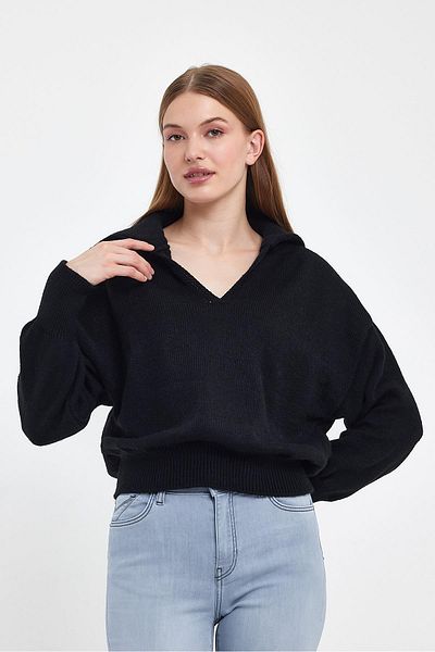 VENA Pulover Karmen Tricotaj Regular Fit cu guler polo - Negru